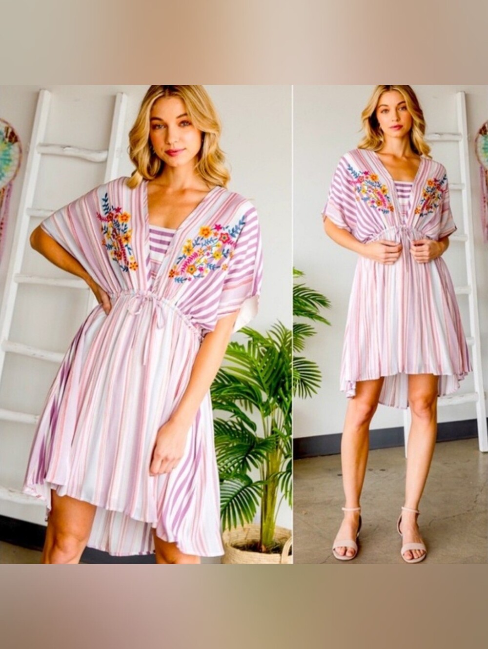 Embroidered Pink Stripe High-Low V-Neck Tie-Waist Dress Oversized